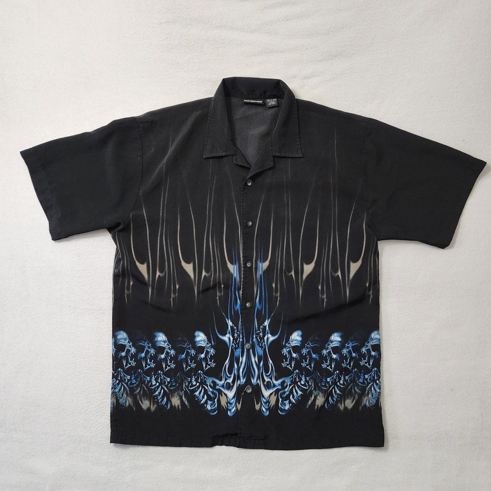 Vtg Y2K ODO Button Up Shirt Mens Large Black Blue Skull Flames Skater Grunge